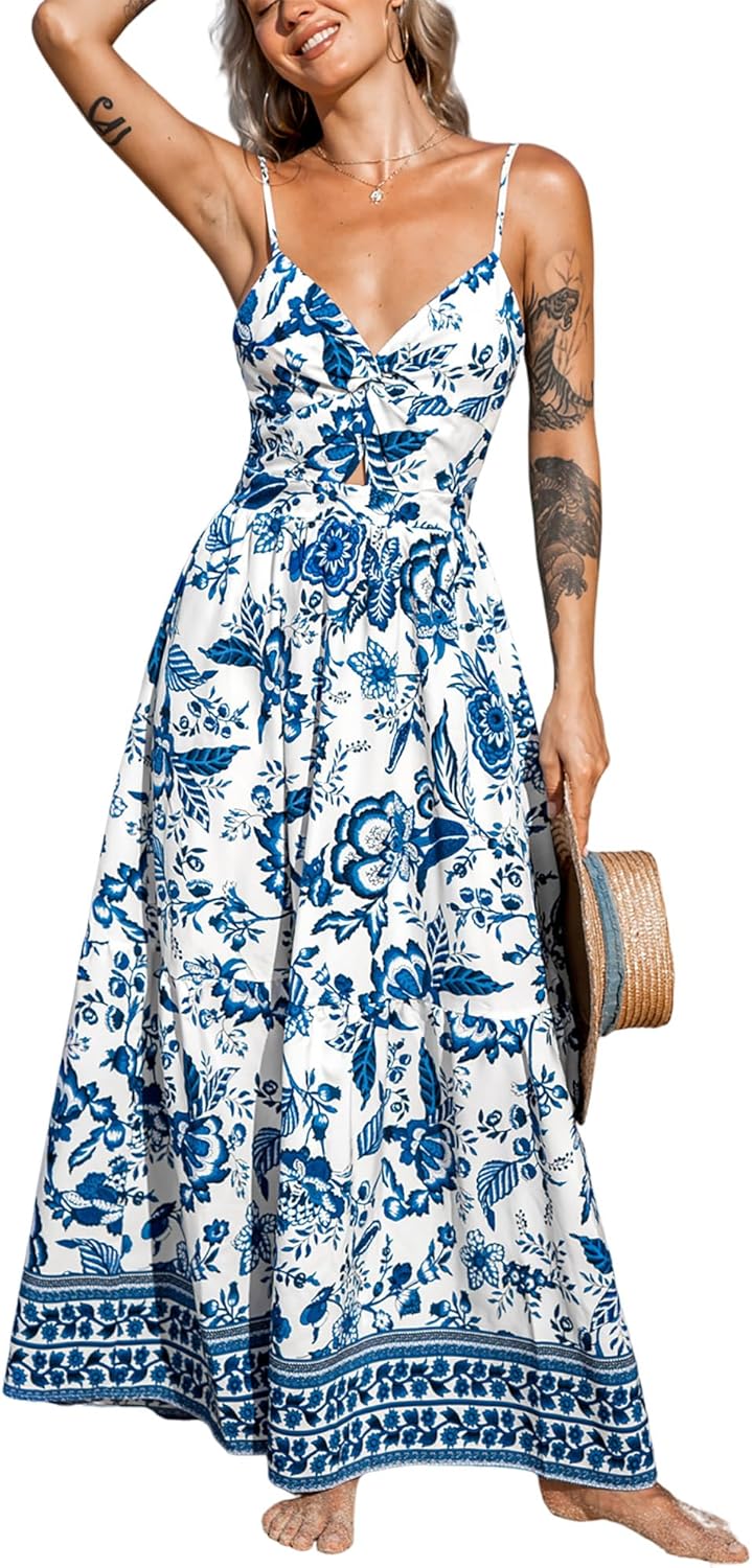 CUPSHE Women's Maxi Dress Floral Print Twisted V Neck Sleeveless Long Dress Summer Casual Dress - 7DAY'S