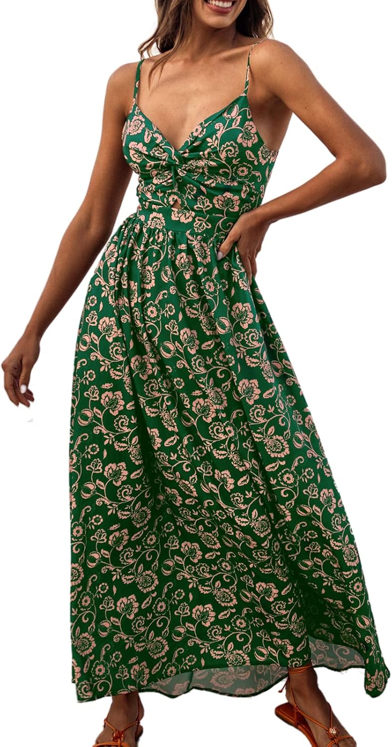 CUPSHE Women's Maxi Dress Floral Print Twisted V Neck Sleeveless Long Dress Summer Casual Dress - 7DAY'S