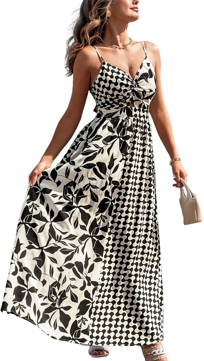 CUPSHE Women's Maxi Dress Floral Print Twisted V Neck Sleeveless Long Dress Summer Casual Dress - 7DAY'S
