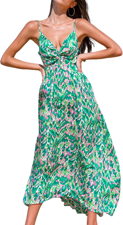 CUPSHE Women's Maxi Dress Floral Print Twisted V Neck Sleeveless Long Dress Summer Casual Dress - 7DAY'S