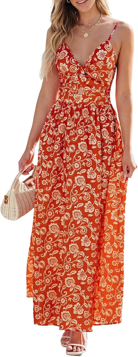 CUPSHE Women's Maxi Dress Floral Print Twisted V Neck Sleeveless Long Dress Summer Casual Dress - 7DAY'S