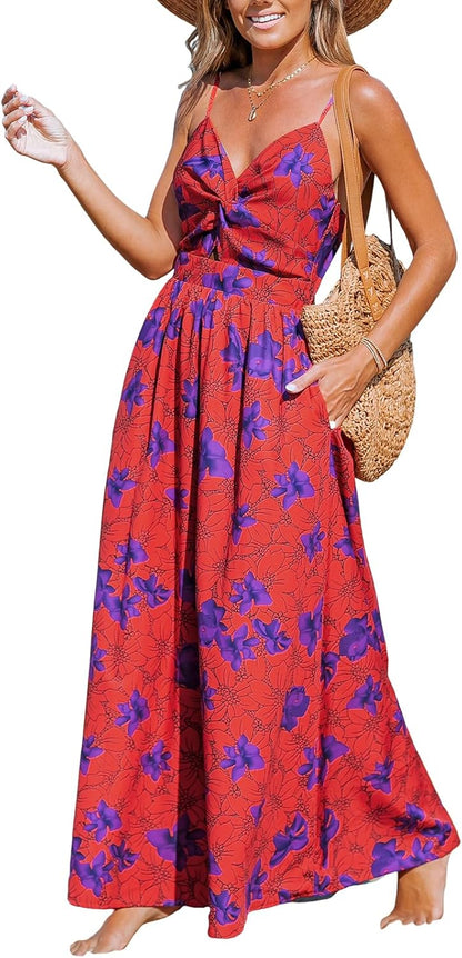 CUPSHE Women's Maxi Dress Floral Print Twisted V Neck Sleeveless Long Dress Summer Casual Dress - 7DAY'S
