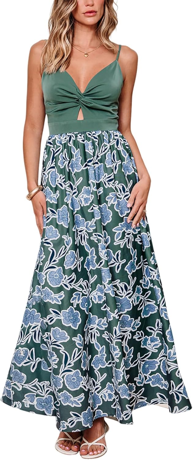 CUPSHE Women's Maxi Dress Floral Print Twisted V Neck Sleeveless Long Dress Summer Casual Dress - 7DAY'S