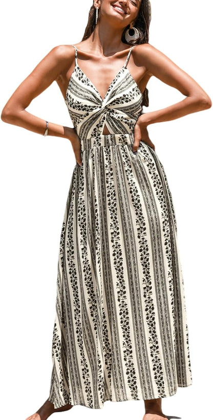 CUPSHE Women's Maxi Dress Floral Print Twisted V Neck Sleeveless Long Dress Summer Casual Dress - 7DAY'S