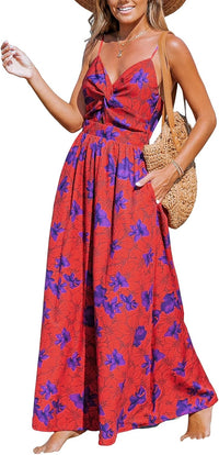 CUPSHE Women's Maxi Dress Floral Print Twisted V Neck Sleeveless Long Dress Summer Casual Dress - 7DAY'S