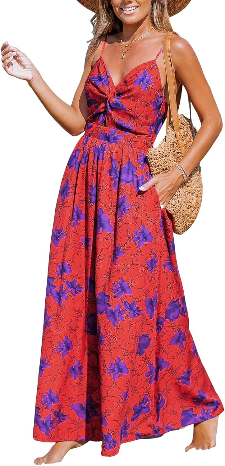 CUPSHE Women's Maxi Dress Floral Print Twisted V Neck Sleeveless Long Dress Summer Casual Dress - 7DAY'S