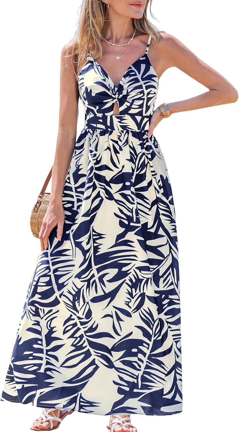 CUPSHE Women's Maxi Dress Floral Print Twisted V Neck Sleeveless Long Dress Summer Casual Dress - 7DAY'S