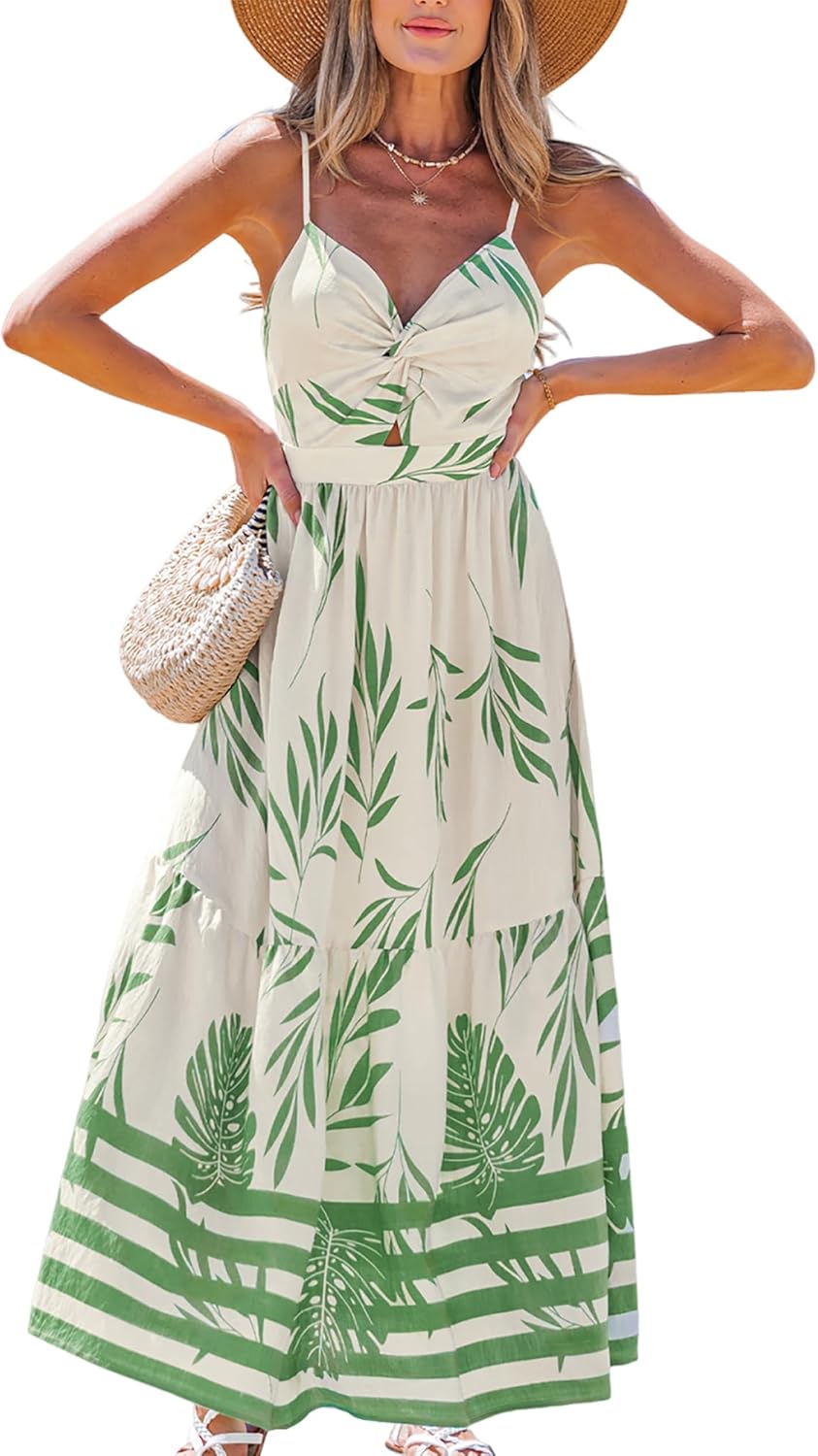 CUPSHE Women's Maxi Dress Floral Print Twisted V Neck Sleeveless Long Dress Summer Casual Dress - 7DAY'S