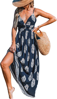 CUPSHE Women's Maxi Dress Floral Print Twisted V Neck Sleeveless Long Dress Summer Casual Dress - 7DAY'S