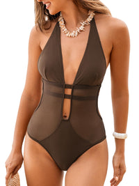 CUPSHE Women's One Piece Swimsuit Bathing Suit Deep V Neck Halter Back Tie Mesh Swimwear - 7DAY'S