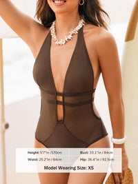 CUPSHE Women's One Piece Swimsuit Bathing Suit Deep V Neck Halter Back Tie Mesh Swimwear - 7DAY'S