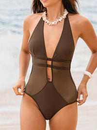 CUPSHE Women's One Piece Swimsuit Bathing Suit Deep V Neck Halter Back Tie Mesh Swimwear - 7DAY'S