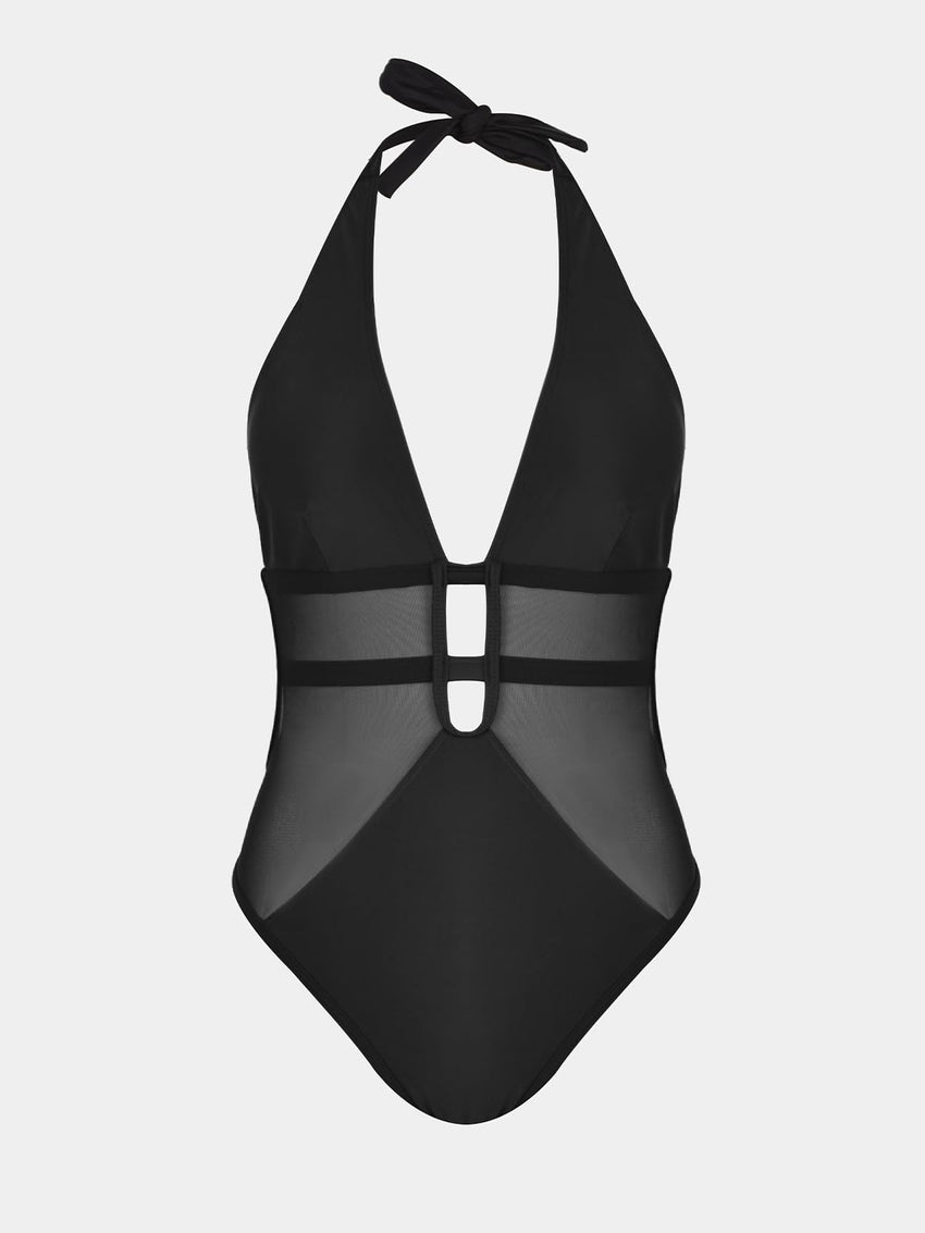 CUPSHE Women's One Piece Swimsuit Bathing Suit Deep V Neck Halter Back Tie Mesh Swimwear - 7DAY'S