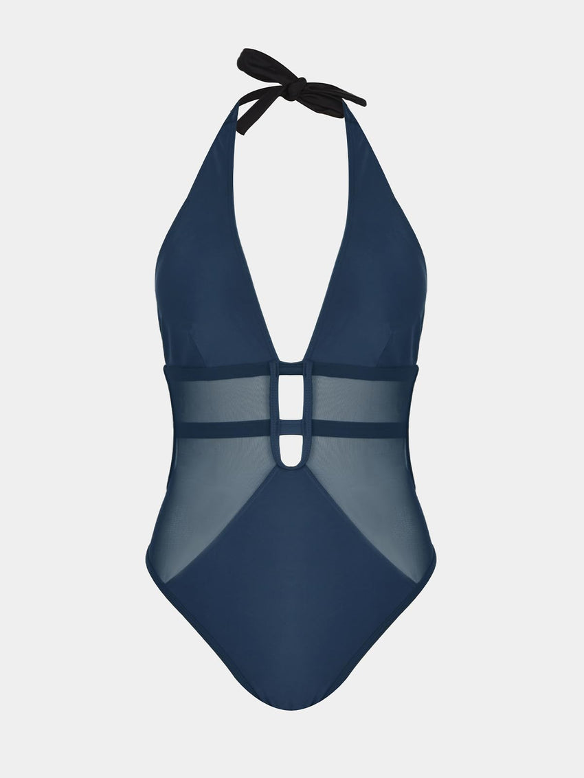 CUPSHE Women's One Piece Swimsuit Bathing Suit Deep V Neck Halter Back Tie Mesh Swimwear - 7DAY'S