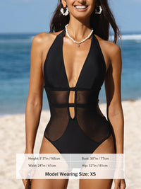 CUPSHE Women's One Piece Swimsuit Bathing Suit Deep V Neck Halter Back Tie Mesh Swimwear - 7DAY'S