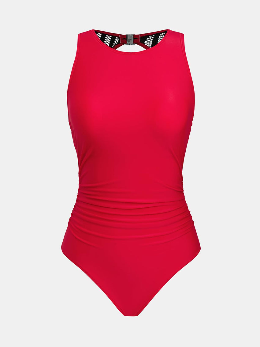 CUPSHE Women's One Piece Swimsuit Bathing Suit Tummy Control High Neck Cutout Back Hook Mesh Swimwear - 7DAY'S