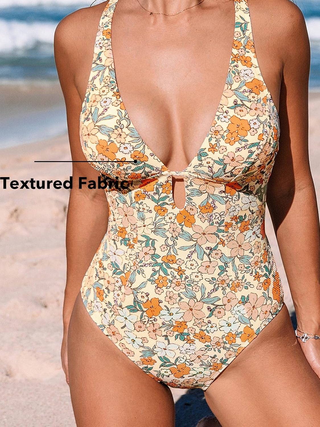 CUPSHE Women's One Piece Swimsuit Deep V Neck Keyhole Cutout O Ring Textured Bathing Suit - 7DAY'S