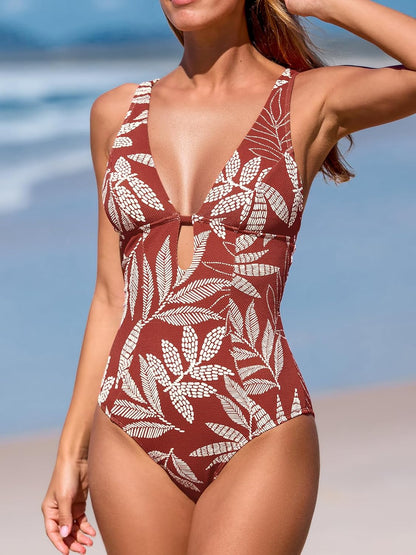 CUPSHE Women's One Piece Swimsuit Deep V Neck Keyhole Cutout O Ring Textured Bathing Suit - 7DAY'S