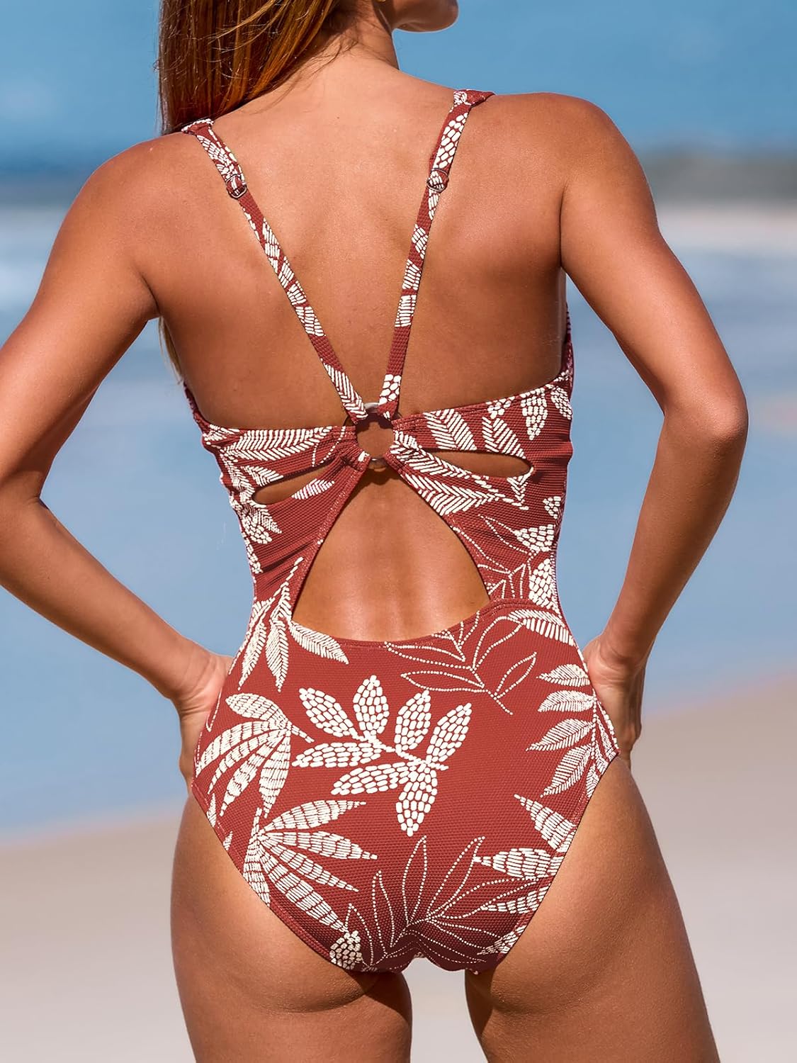 CUPSHE Women's One Piece Swimsuit Deep V Neck Keyhole Cutout O Ring Textured Bathing Suit - 7DAY'S