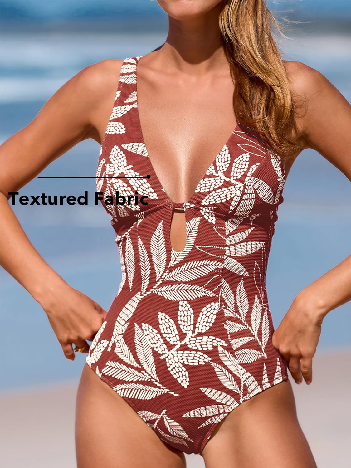 CUPSHE Women's One Piece Swimsuit Deep V Neck Keyhole Cutout O Ring Textured Bathing Suit - 7DAY'S