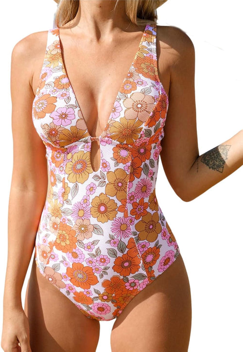 CUPSHE Women's One Piece Swimsuit Deep V Neck Keyhole Cutout O Ring Textured Bathing Suit