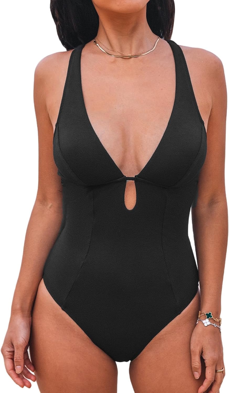 CUPSHE Women's One Piece Swimsuit Deep V Neck Keyhole Cutout O Ring Textured Bathing Suit - 7DAY'S