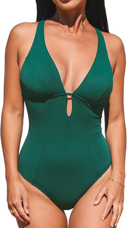 CUPSHE Women's One Piece Swimsuit Deep V Neck Keyhole Cutout O Ring Textured Bathing Suit - 7DAY'S