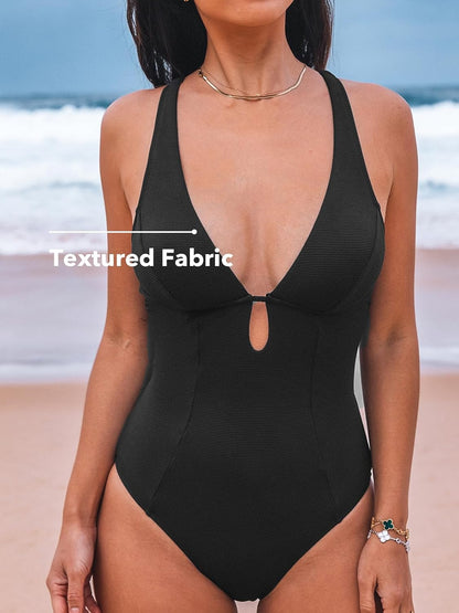 CUPSHE Women's One Piece Swimsuit Deep V Neck Keyhole Cutout O Ring Textured Bathing Suit - 7DAY'S