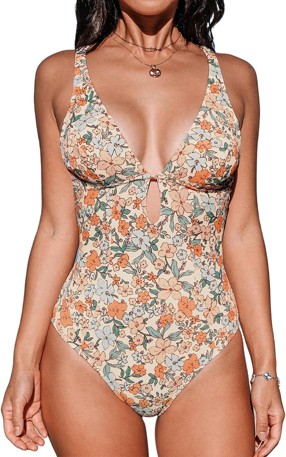 CUPSHE Women's One Piece Swimsuit Deep V Neck Keyhole Cutout O Ring Textured Bathing Suit - 7DAY'S