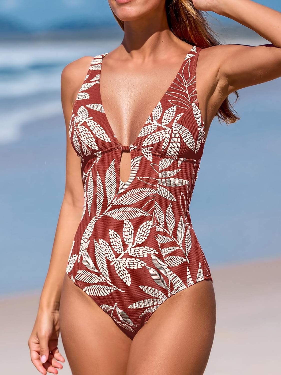 CUPSHE Women's One Piece Swimsuit Deep V Neck Keyhole Cutout O Ring Textured Bathing Suit - 7DAY'S