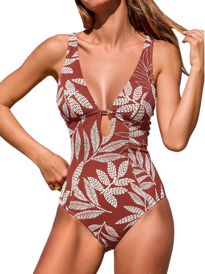 CUPSHE Women's One Piece Swimsuit Deep V Neck Keyhole Cutout O Ring Textured Bathing Suit - 7DAY'S