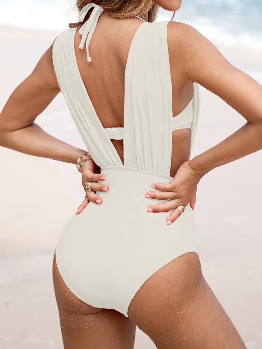 CUPSHE Women's One Piece Swimsuit Halter Plunging Neck Bathing Suit Wide Straps Underwire Ruched Back Hook - 7DAY'S