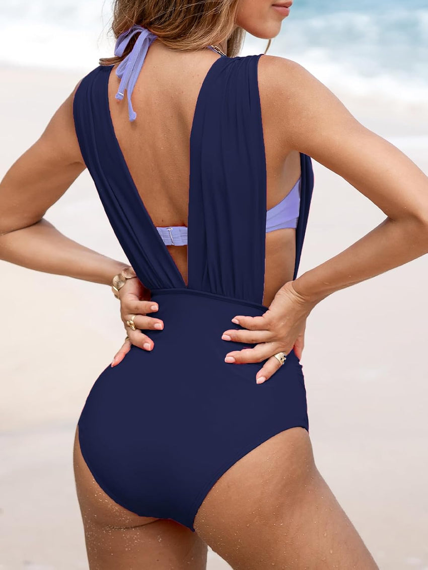 CUPSHE Women's One Piece Swimsuit Halter Plunging Neck Bathing Suit Wide Straps Underwire Ruched Back Hook - 7DAY'S