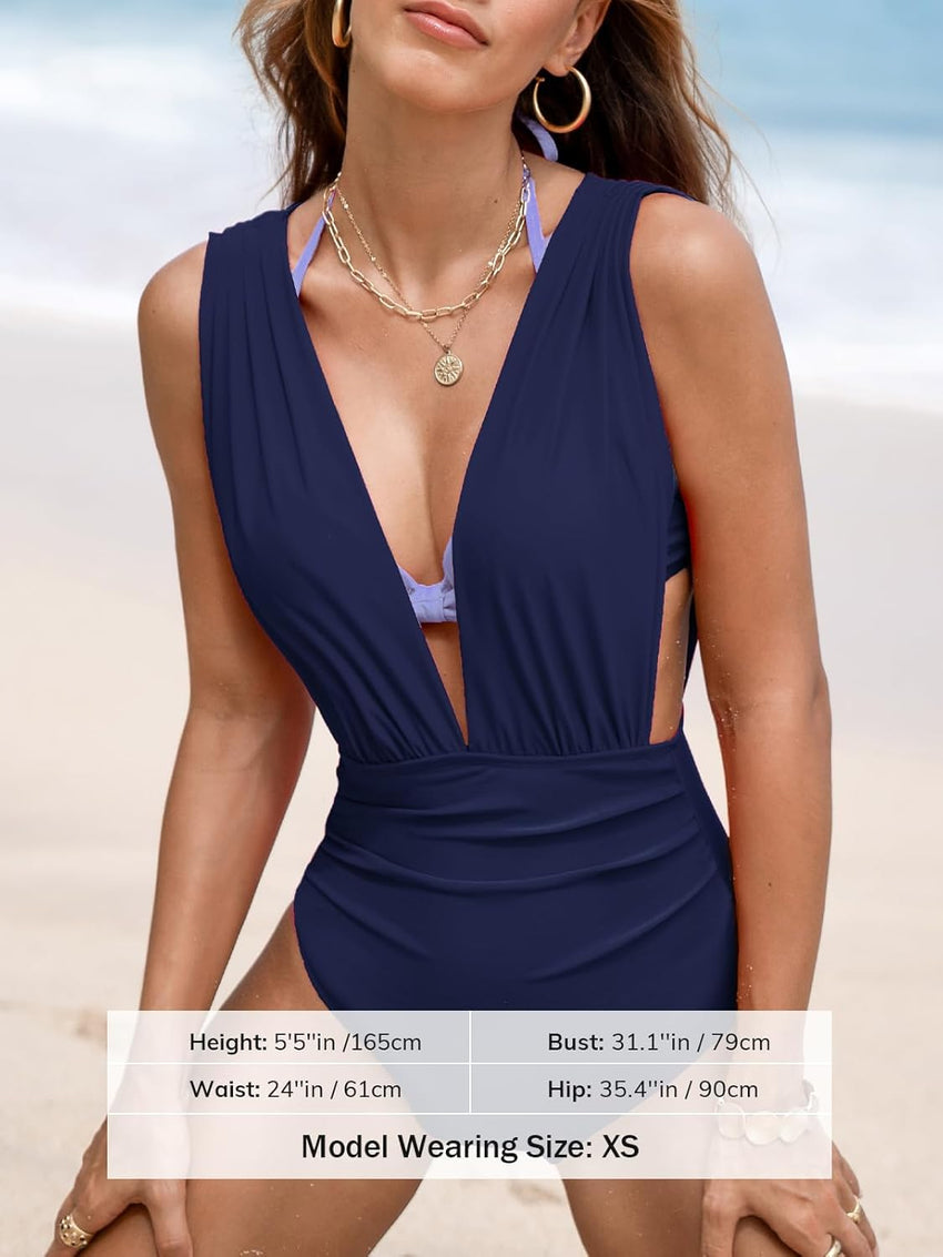 CUPSHE Women's One Piece Swimsuit Halter Plunging Neck Bathing Suit Wide Straps Underwire Ruched Back Hook - 7DAY'S