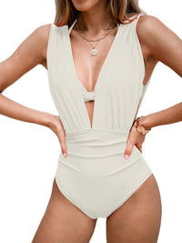 CUPSHE Women's One Piece Swimsuit Halter Plunging Neck Bathing Suit Wide Straps Underwire Ruched Back Hook - 7DAY'S