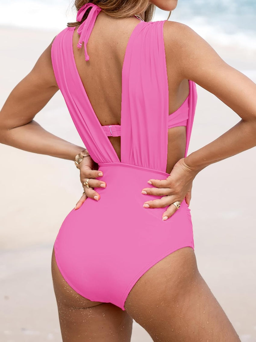 CUPSHE Women's One Piece Swimsuit Halter Plunging Neck Bathing Suit Wide Straps Underwire Ruched Back Hook - 7DAY'S