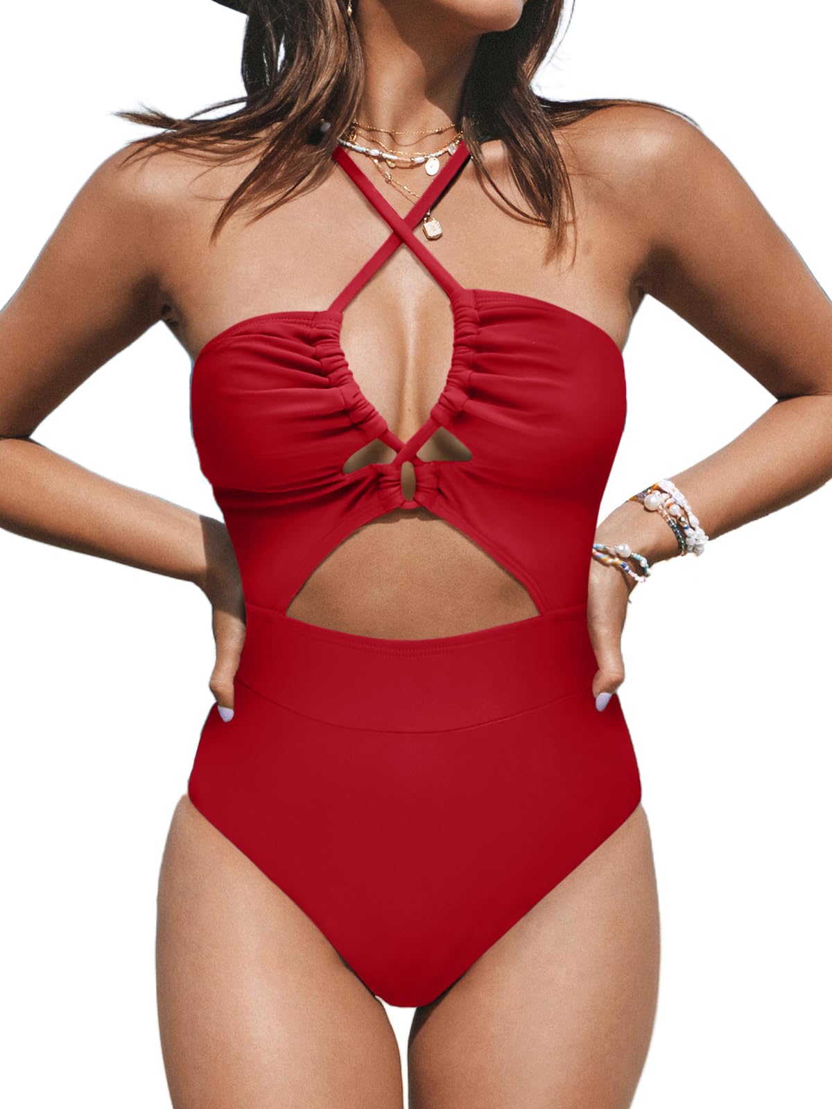 CUPSHE Women's One Piece Swimsuit Plunge Neckline Cutout Criss Cross Bathing Suit - 7DAY'S