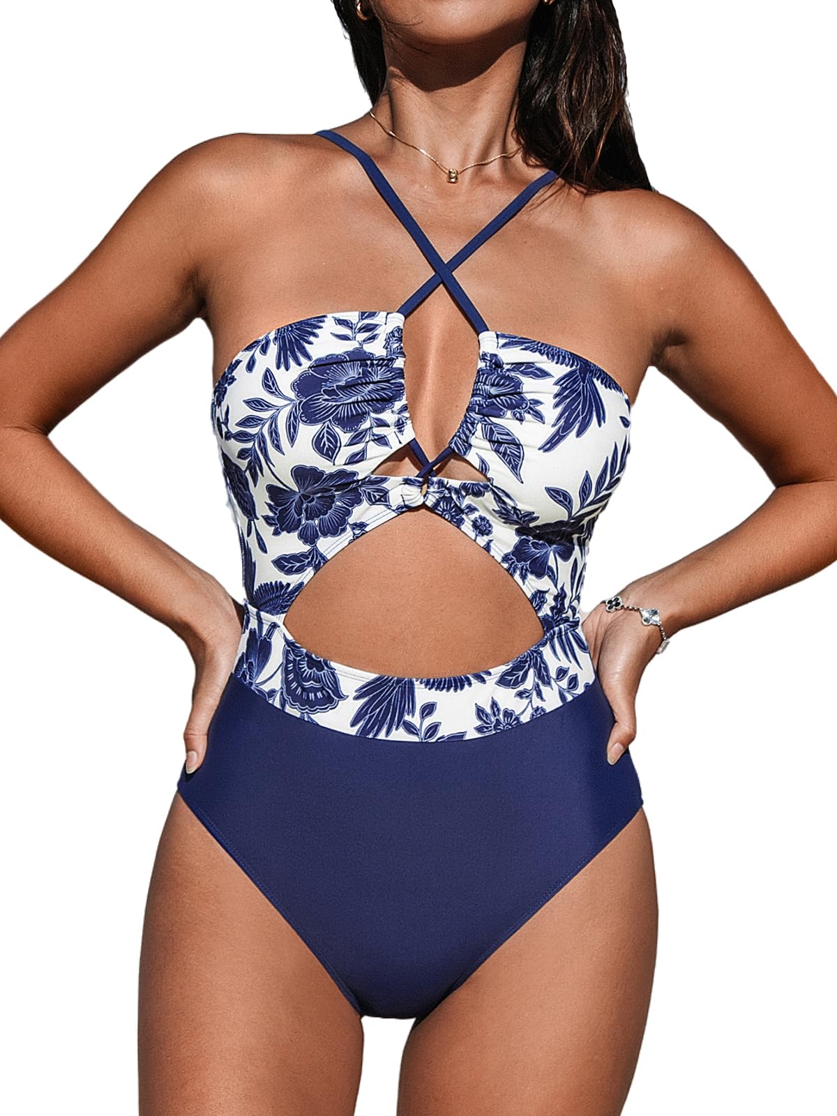 CUPSHE Women's One Piece Swimsuit Plunge Neckline Cutout Criss Cross Bathing Suit - 7DAY'S