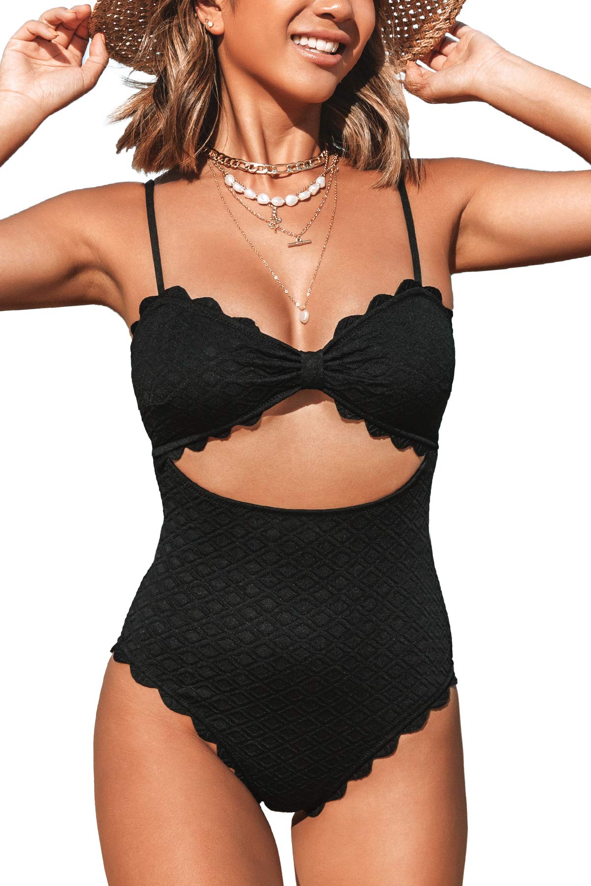 CUPSHE Women's One Piece Swimsuit Sexy Black Cutout Scallop Trim Bathing Suit - 7DAY'S
