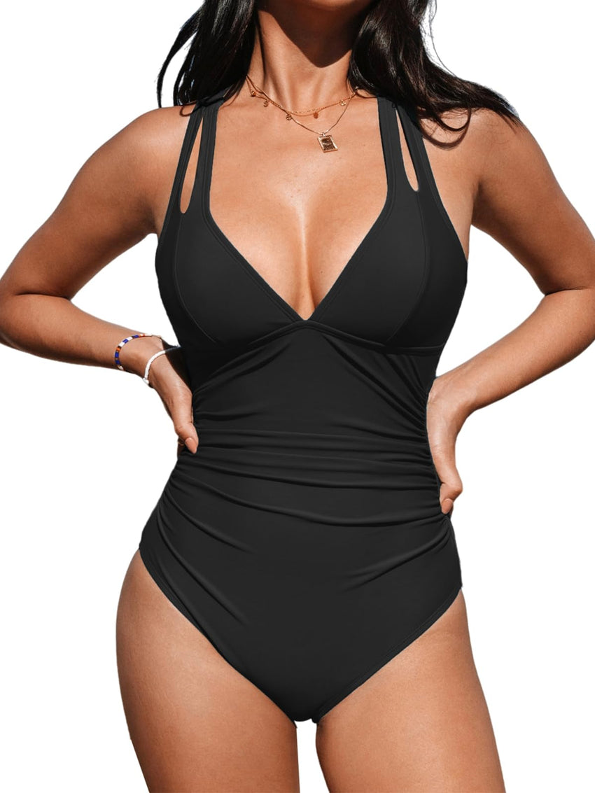 CUPSHE Women's One Piece Swimsuit Tummy Control Deep V Neck Double Straps Crisscross Back Tie Bathing Suit - 7DAY'S