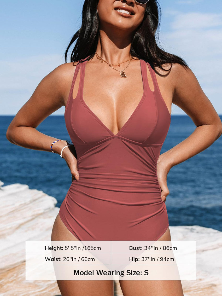CUPSHE Women's One Piece Swimsuit Tummy Control Deep V Neck Double Straps Crisscross Back Tie Bathing Suit - 7DAY'S