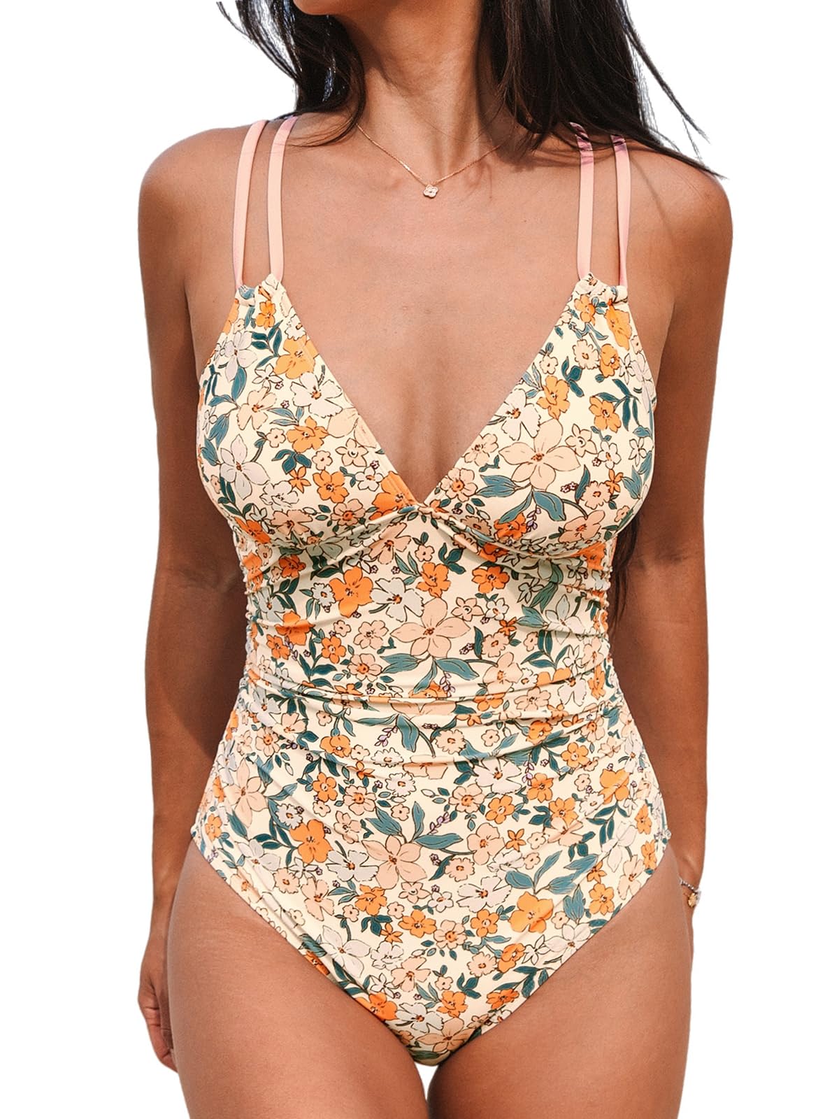 CUPSHE Women's One Piece Swimsuit V Neck Tummy Control Double Adjustable Straps Back Cutout O - Ring - 7DAY'S