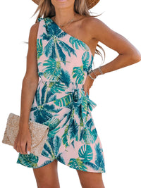 CUPSHE Women's One Shoulder Leaf Print Self - tie Short Dress Sleeveless Tiered Hem Formal Dress Casual Mini Dress - 7DAY'S