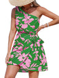 CUPSHE Women's One Shoulder Leaf Print Self - tie Short Dress Sleeveless Tiered Hem Formal Dress Casual Mini Dress - 7DAY'S