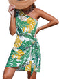 CUPSHE Women's One Shoulder Leaf Print Self - tie Short Dress Sleeveless Tiered Hem Formal Dress Casual Mini Dress - 7DAY'S