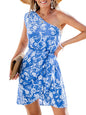 CUPSHE Women's One Shoulder Leaf Print Self - tie Short Dress Sleeveless Tiered Hem Formal Dress Casual Mini Dress - 7DAY'S
