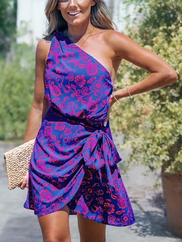 CUPSHE Women's One Shoulder Leaf Print Self - tie Short Dress Sleeveless Tiered Hem Formal Dress Casual Mini Dress - 7DAY'S
