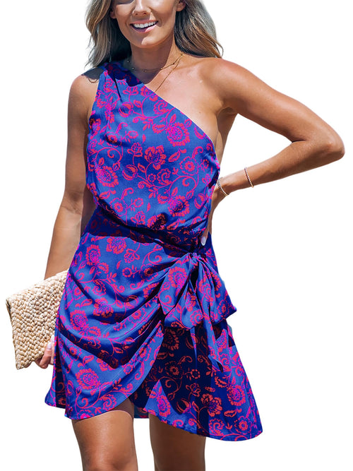 CUPSHE Women's One Shoulder Leaf Print Self - tie Short Dress Sleeveless Tiered Hem Formal Dress Casual Mini Dress - 7DAY'S