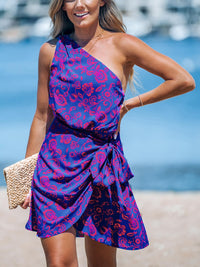 CUPSHE Women's One Shoulder Leaf Print Self - tie Short Dress Sleeveless Tiered Hem Formal Dress Casual Mini Dress - 7DAY'S