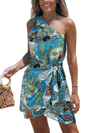 CUPSHE Women's One Shoulder Leaf Print Self - tie Short Dress Sleeveless Tiered Hem Formal Dress Casual Mini Dress - 7DAY'S